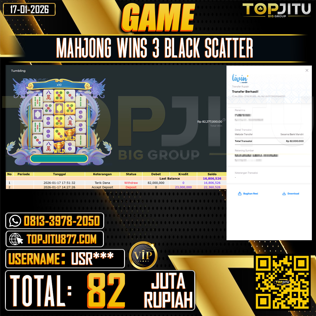    TOPJITU JACKPOT  SLOT MAHJONG WINS 3 BLACK SCATTER Rp.82.000.000 ,- LUNAS USER ID: USR***