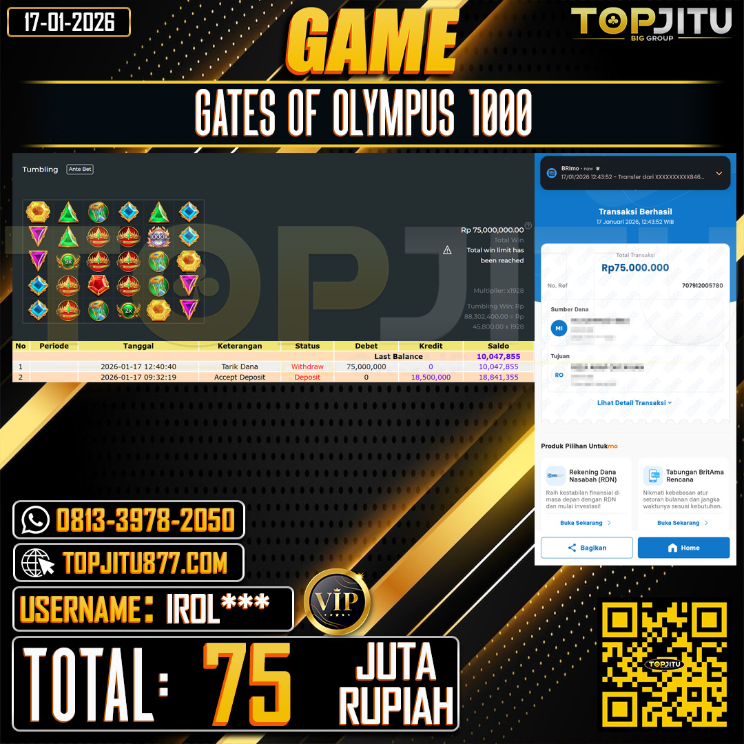    TOPJITU JACKPOT  SLOT  GATES OF OLYMPUS 1000 Rp.75.000.000 ,- LUNAS USER ID: IROL***