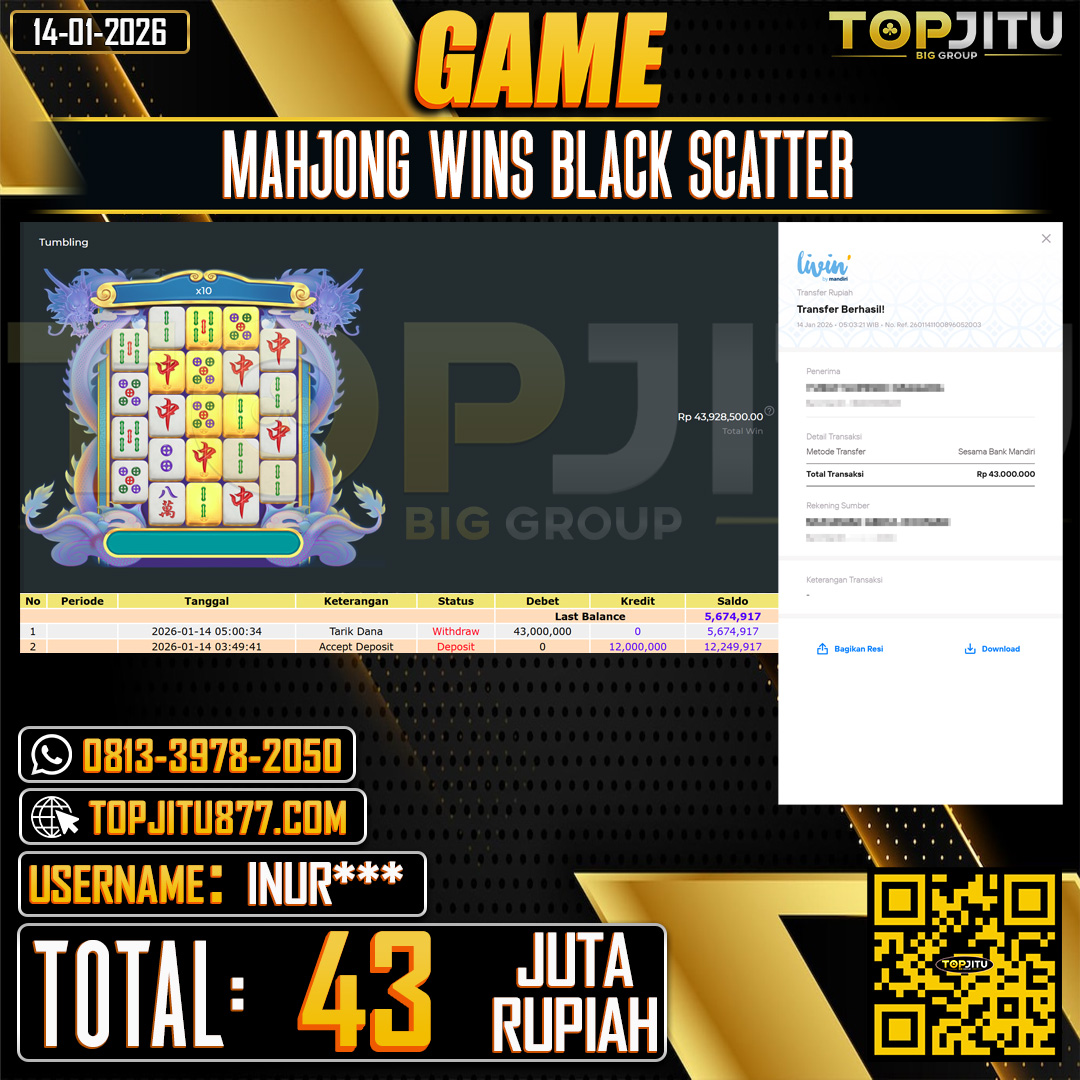     TOPJITU JACKPOT SLOT  MAHJONG WINS BLACK SCATTER Rp.43.000.000 ,- LUNAS USER ID: INUR***