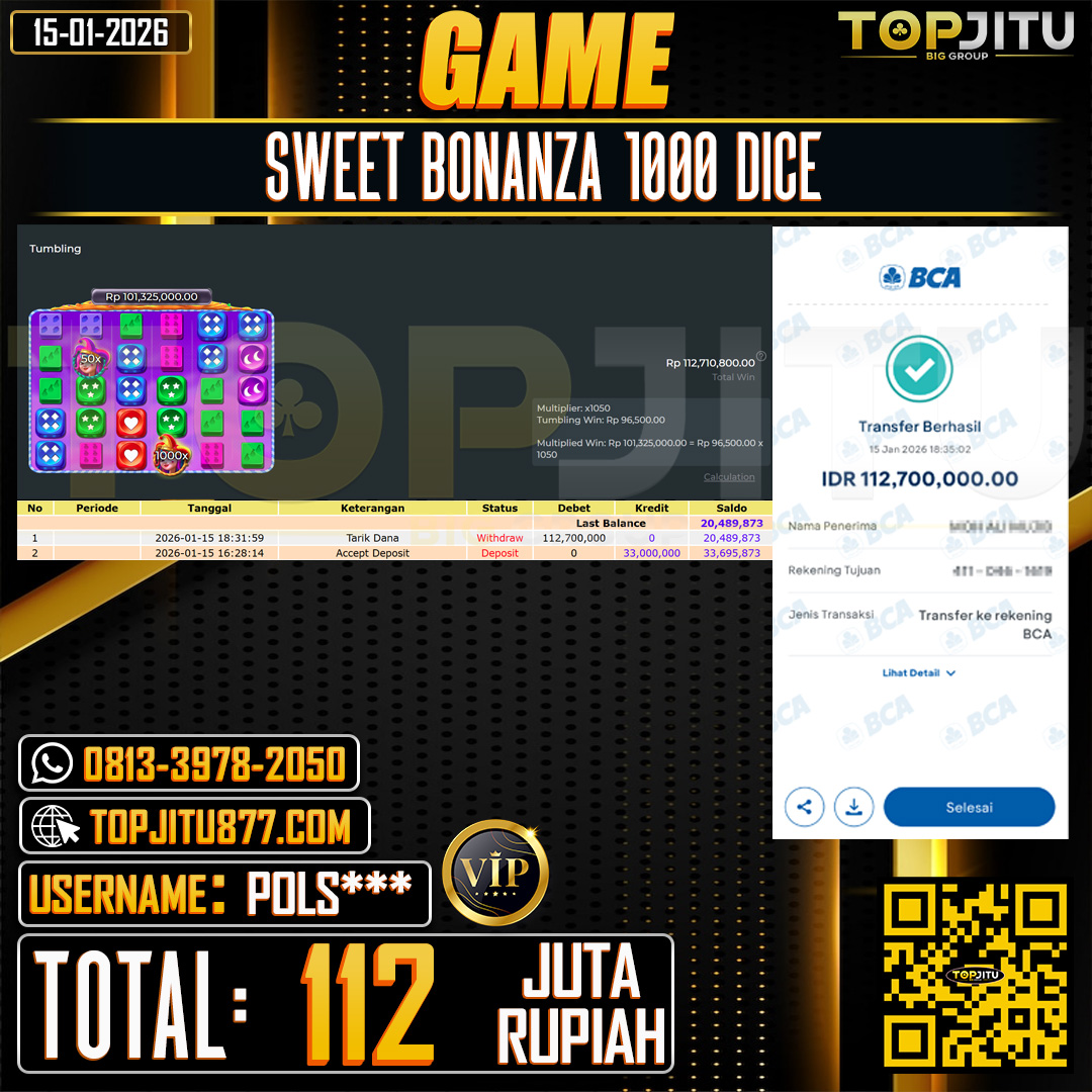     TOPJITU JACKPOT  SLOT SWEET BONANZA 1000 DICE  Rp.112.000.000 ,- LUNAS USER ID: POLS***