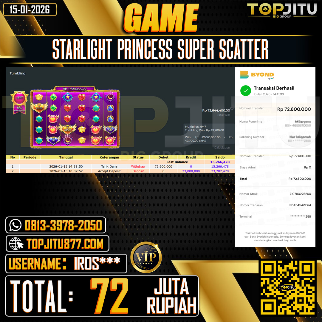     TOPJITU JACKPOT SLOT STARLIGHT PRINCESS SUPER SCATTER  Rp.72.000.000 ,- LUNAS USER ID: IROS***