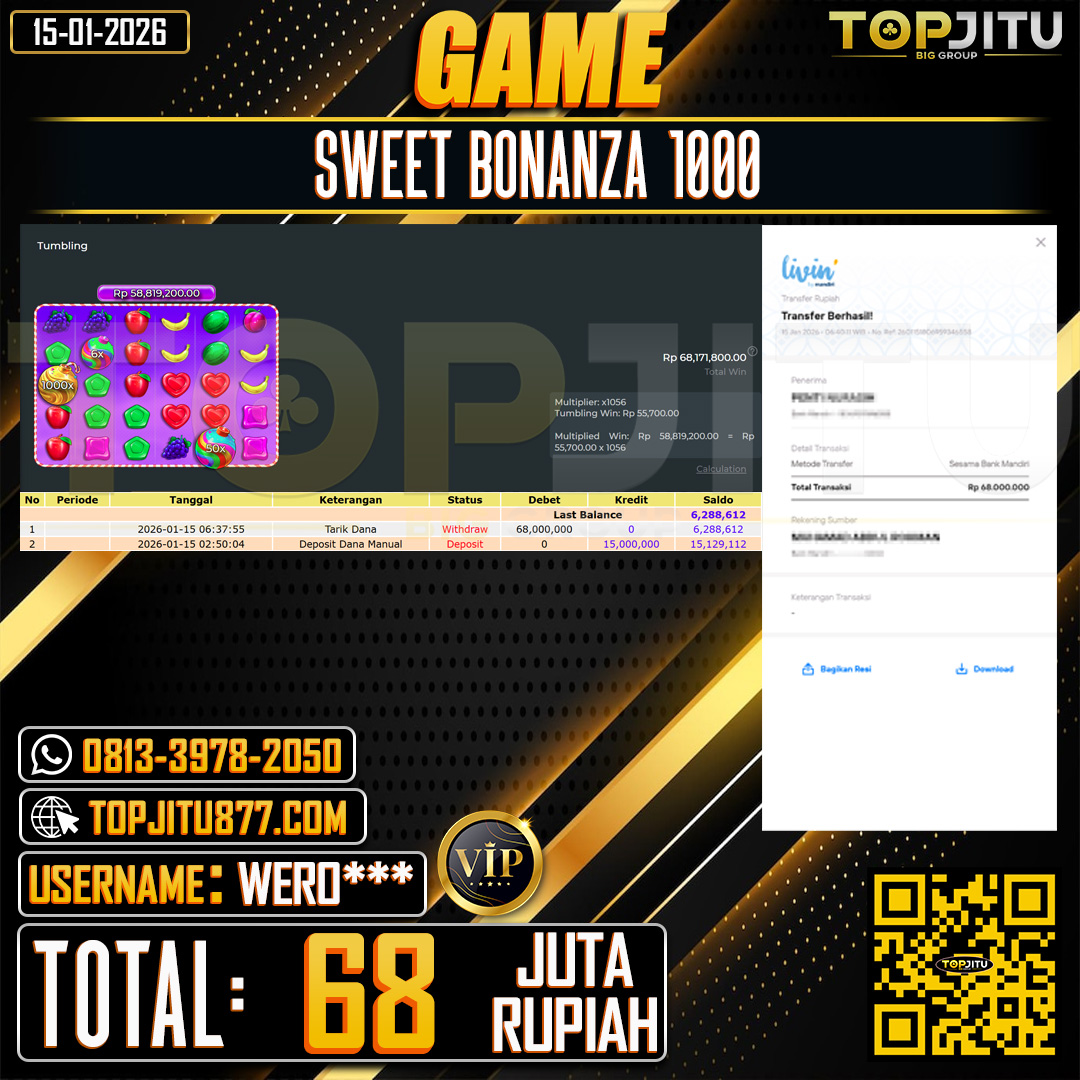     TOPJITU JACKPOT   SLOT SWEET BONANZA 1000 Rp.68.000.000 ,- LUNAS USER ID: WERO***