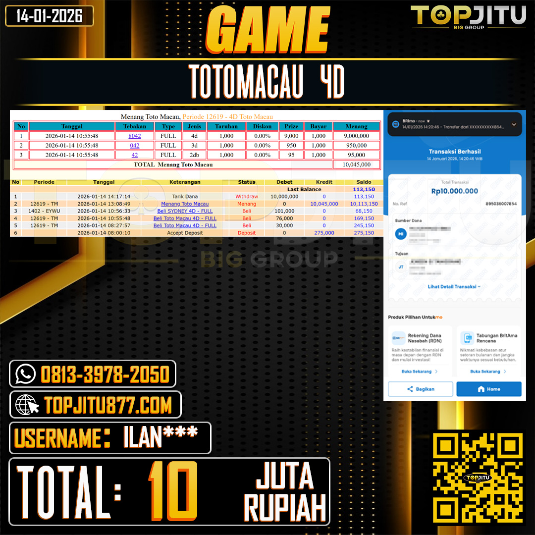     TOPJITU JACKPOT  TOGEL PASARAN TOTOMACAU 4D  Rp.10.000.000 ,- LUNAS USER ID: ILAN***