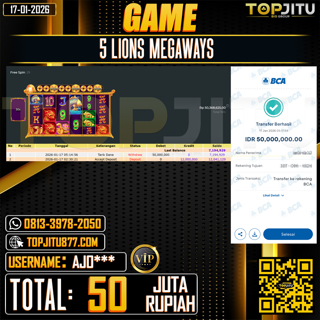    TOPJITU JACKPOT  SLOT 5 LIONS MEGAWAYS  Rp.50.000.000 ,- LUNAS USER ID: AJO***