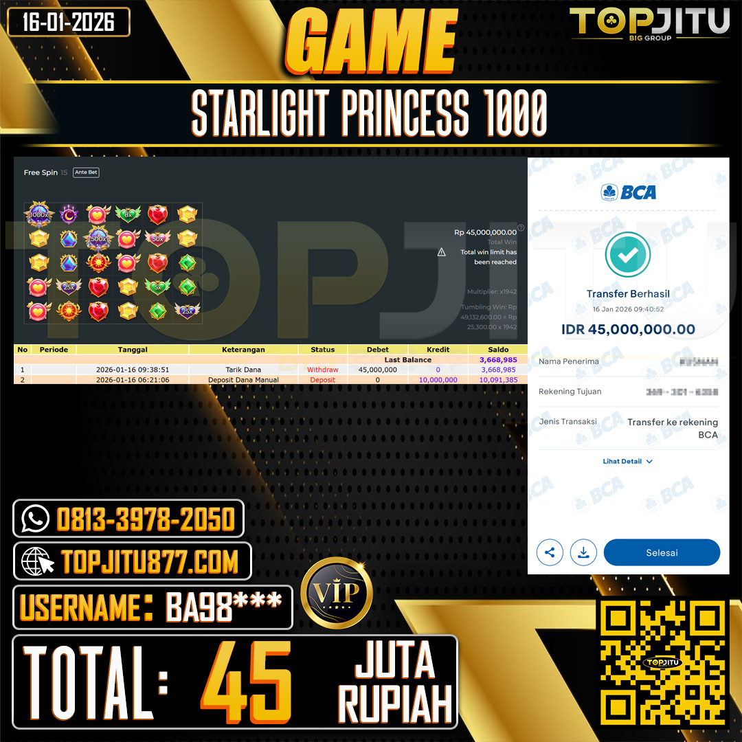    TOPJITU JACKPOT SLOT STARLIGHT PRINCESS 1000 Rp.45.000.000 ,- LUNAS USER ID: BA98***