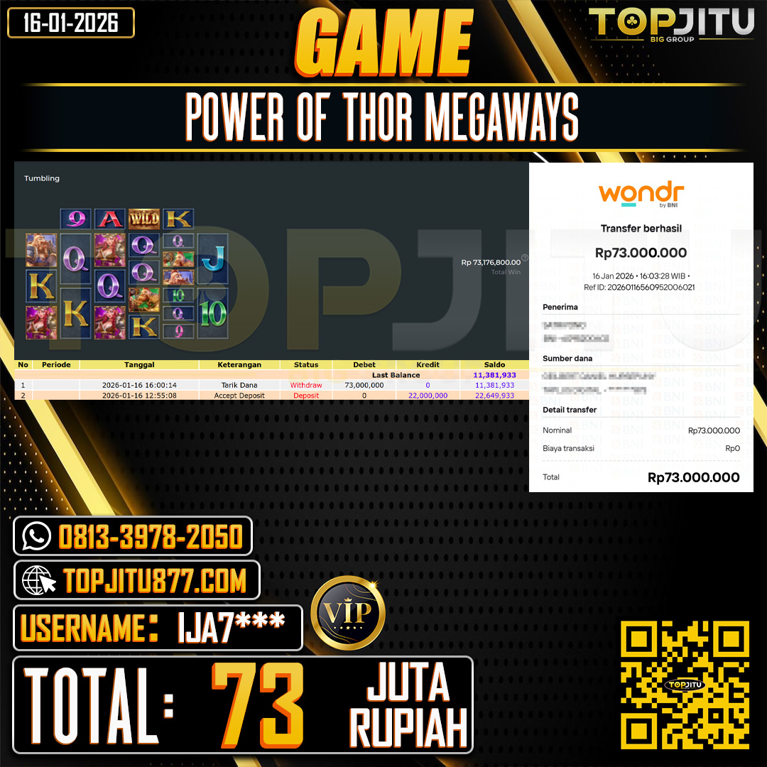    TOPJITU JACKPOT  SLOT POWER OF THOR MEGAWAYS Rp.73.000.000 ,- LUNAS USER ID: IJA7***